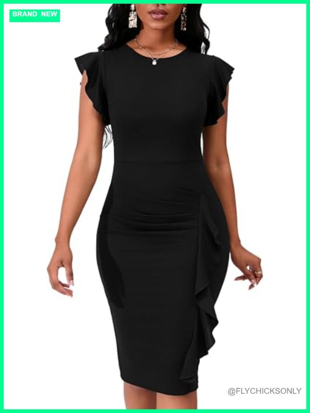 Flutter Sleeve Bodycon Midi Dress Crew Neck Knit Ruffle Wear to Work Pencil